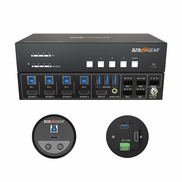4-Port 4K UHD KVM and Conference Room Switcher with HDMI and USB3.0 Kit with 4 Table Grommets, Bzbgear, Mfr#: BG-UHD-KVM41-KIT